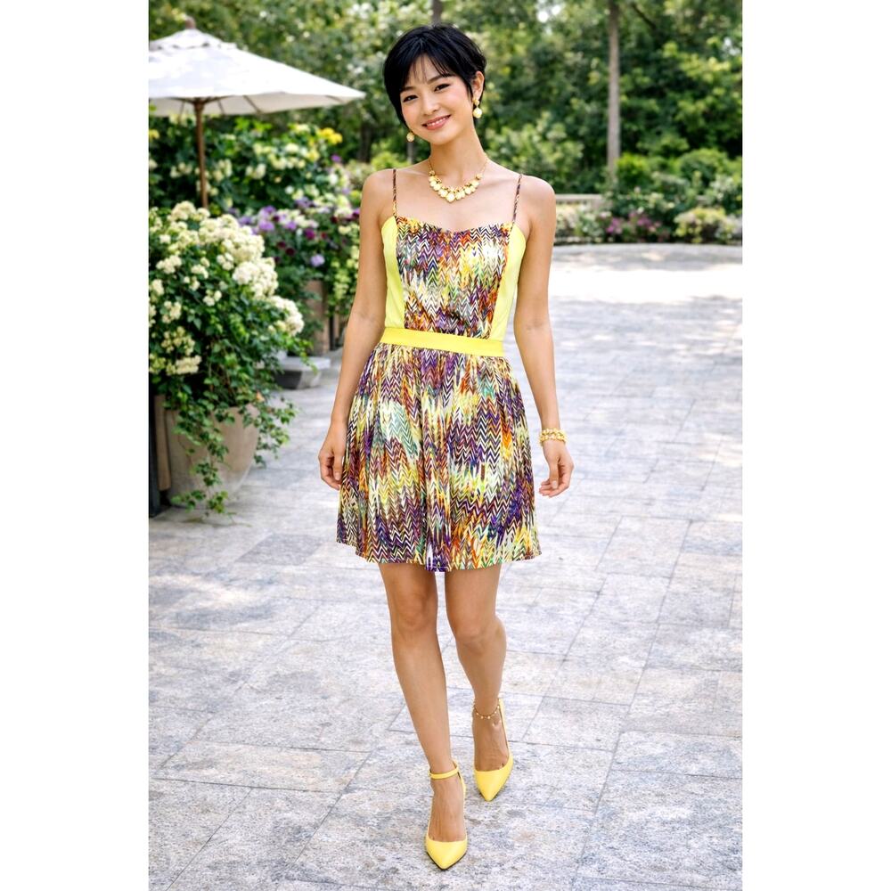 Pink Stitch Colorful Mini Dress Yellow/Multicolor size 6